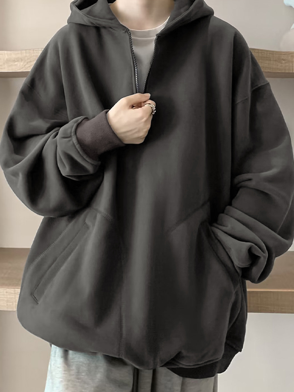 Einfarbiger, übergroßer Fleece-Kapuzenpullover mit halbem Reißverschluss für Herren-2