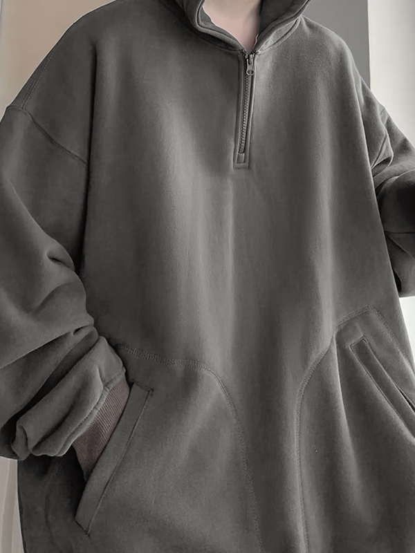 Einfarbiger, übergroßer Fleece-Kapuzenpullover mit halbem Reißverschluss für Herren-1
