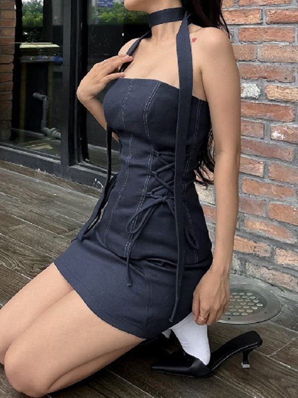 Trägerlose Minikleider mit Off-Neck-Krawatte-1