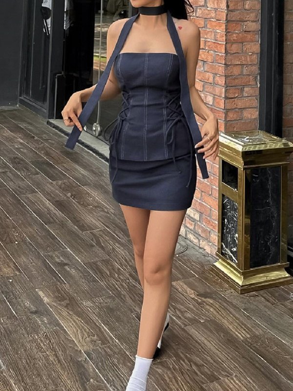 Trägerlose Minikleider mit Off-Neck-Krawatte-3