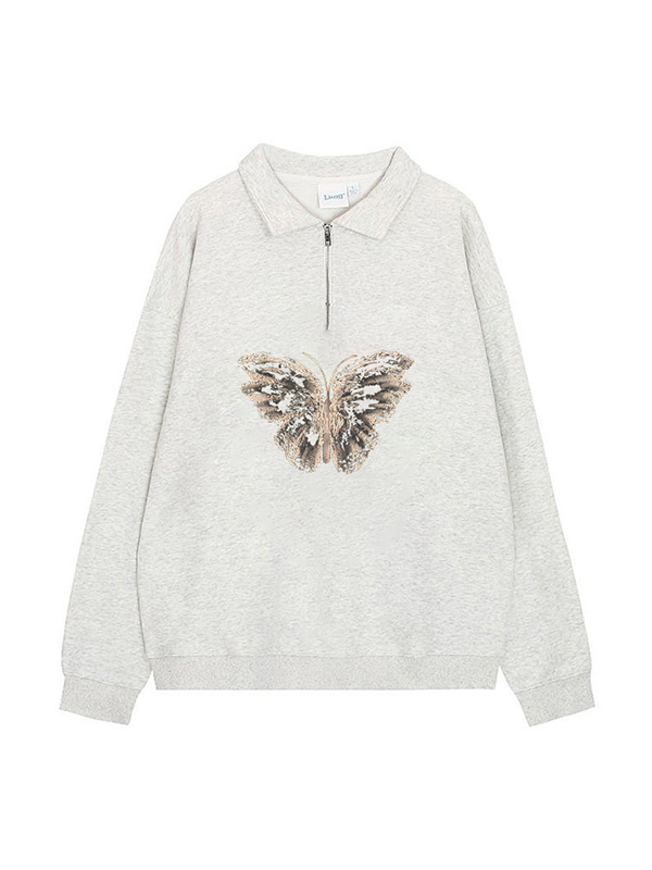 Sweatshirt mit Schmetterlingsdruck und Reverskragen und halbem Reißverschluss-2