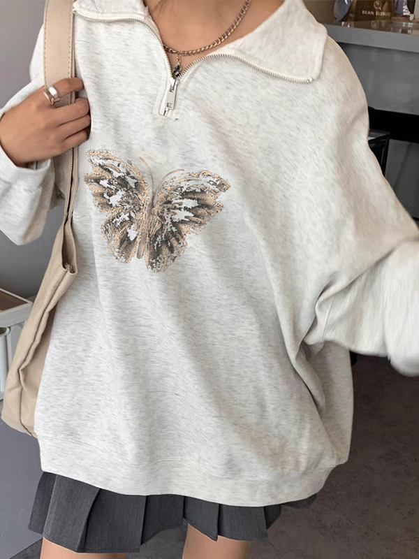 Sweatshirt mit Schmetterlingsdruck und Reverskragen und halbem Reißverschluss-1