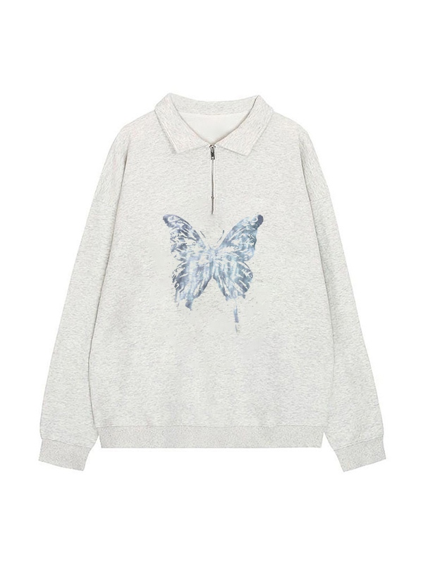 Vintage-Sweatshirt mit halbem Reißverschluss und Schmetterlingsdruck-2