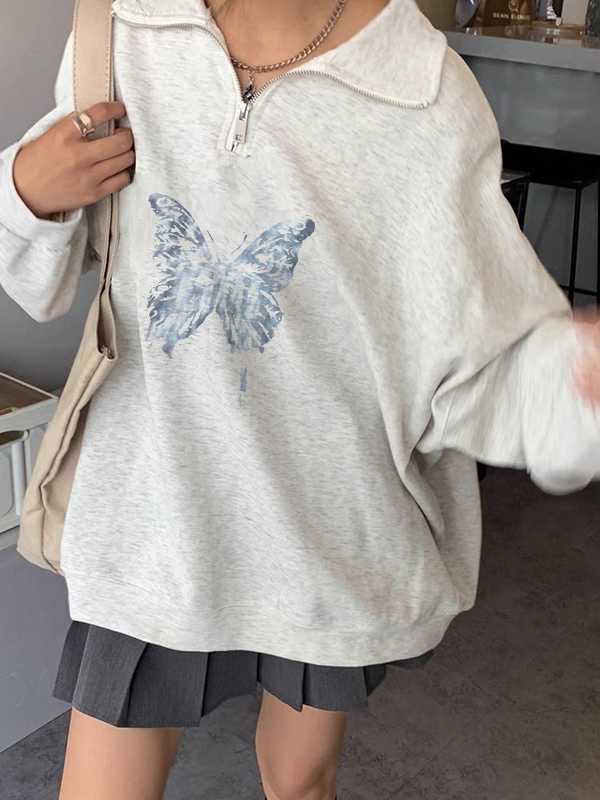 Vintage-Sweatshirt mit halbem Reißverschluss und Schmetterlingsdruck-1