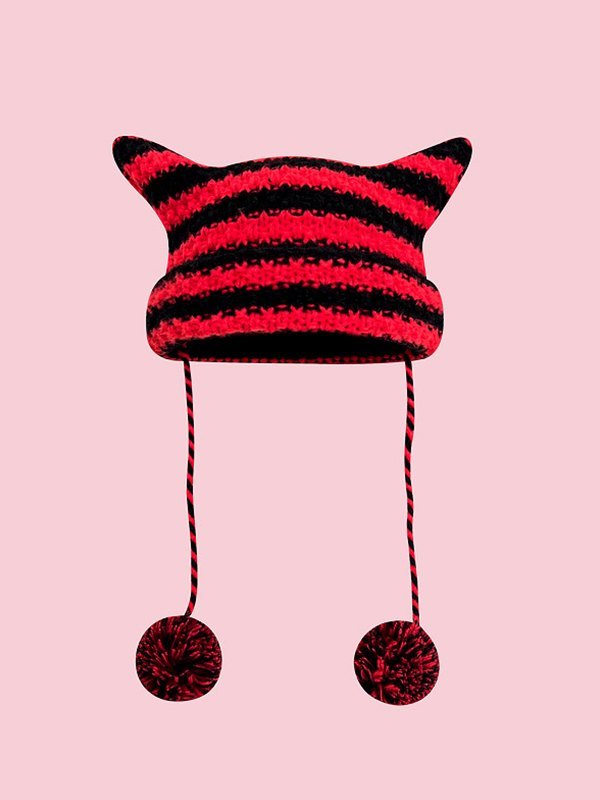 Gestreifte Strickmütze mit Horndetail-1