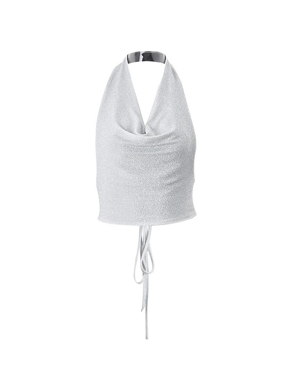 Kurz geschnittenes Trägershirt in Metallic-Silber mit Neckholder-3