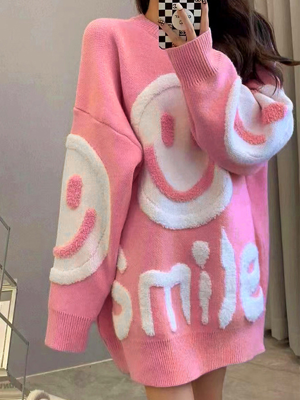 Dicker, lockerer Pullover mit Smile-Print-3